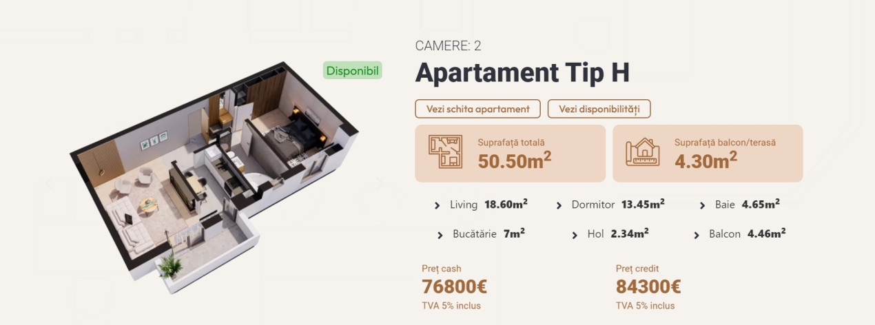 Comision 0% ! Direct Dezvoltator Apartament 2 CD, 50.5 mp, Contemporan Residence